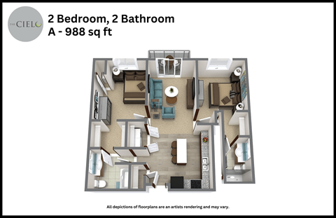 a floor plan of a 2 bedroom 2 bathroom a 989 sq ft